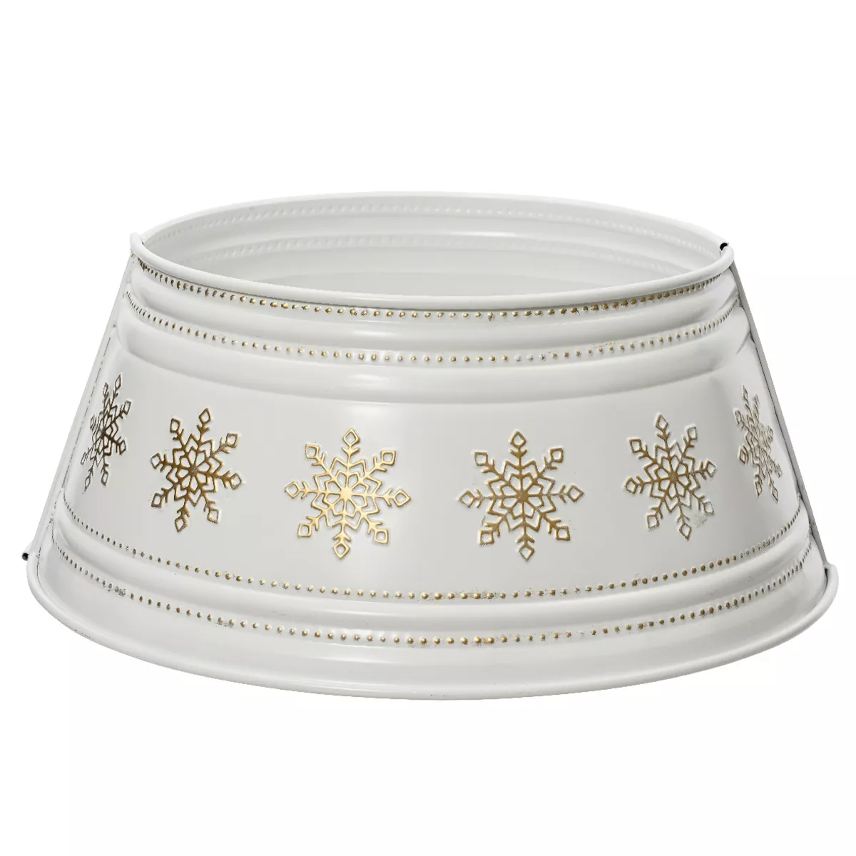Cache pied de sapin en métal (D57 cm) Blanc et Flocons dorés