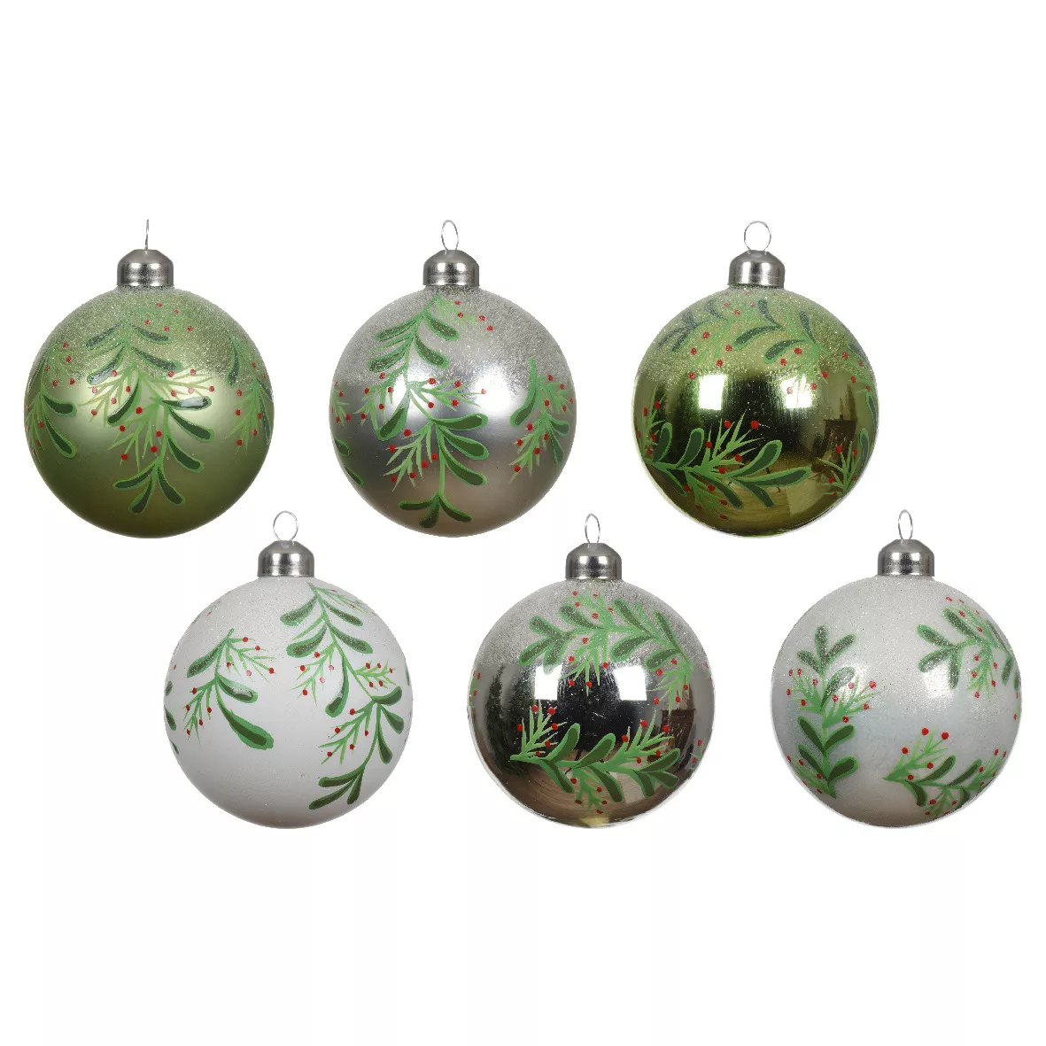 Lot de 6 boules de Noël en verre (D80 mm) Feuilles de Houx Vert