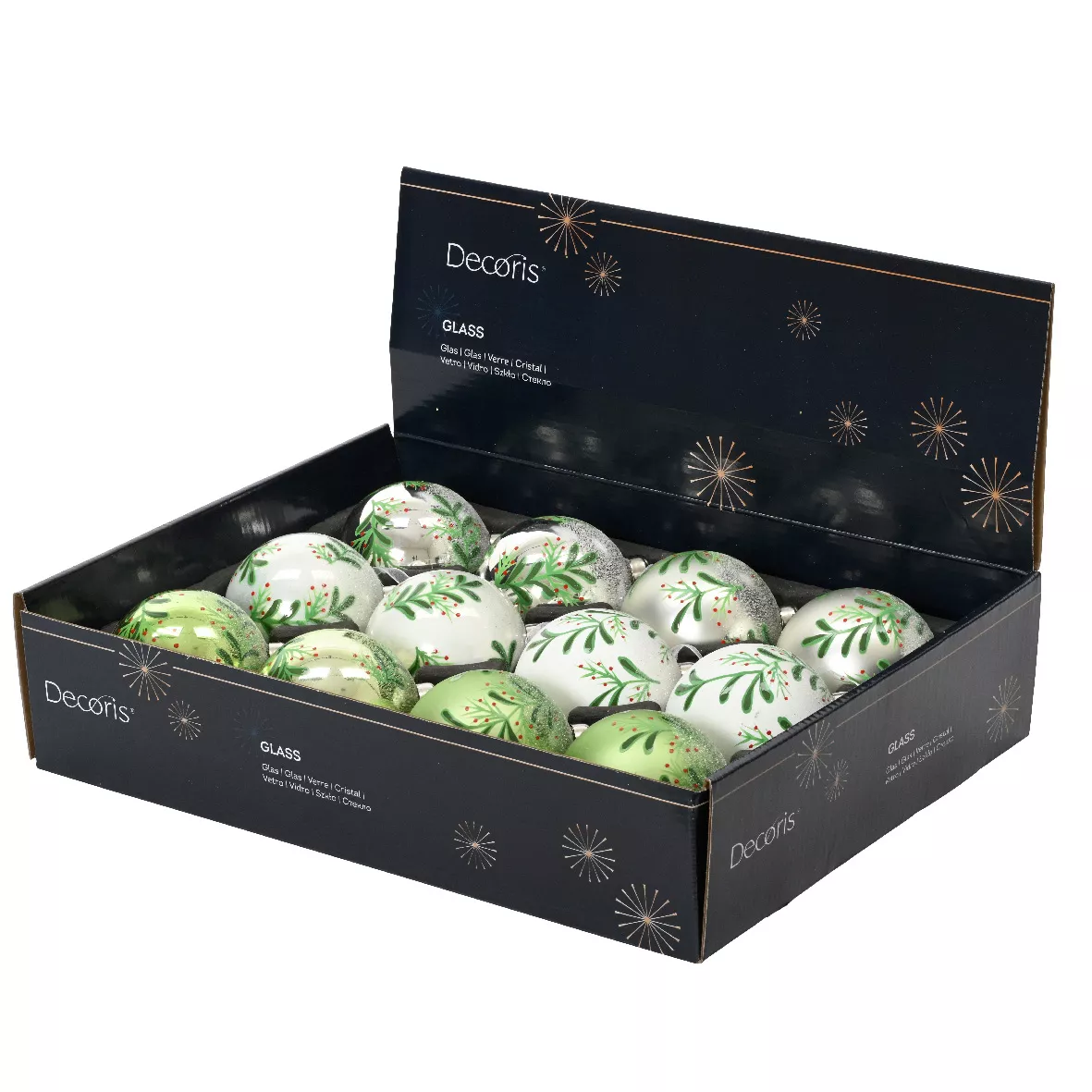 Lot de 6 boules de Noël en verre (D80 mm) Feuilles de Houx Vert