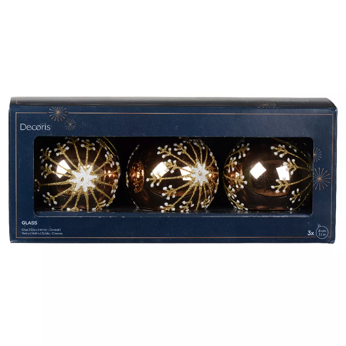 Lot de 3 boules de Noël en verre (D80 mm) Feux d'artifice Noix de pécan