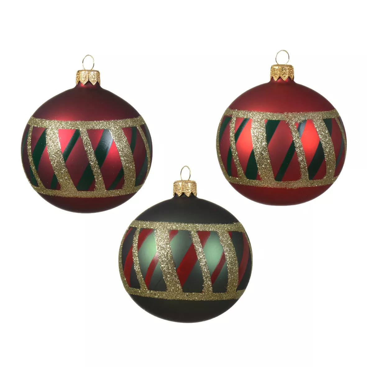 6er Set Weihnachtskugeln aus Glas (D80 mm) Kariert Grün und Rot