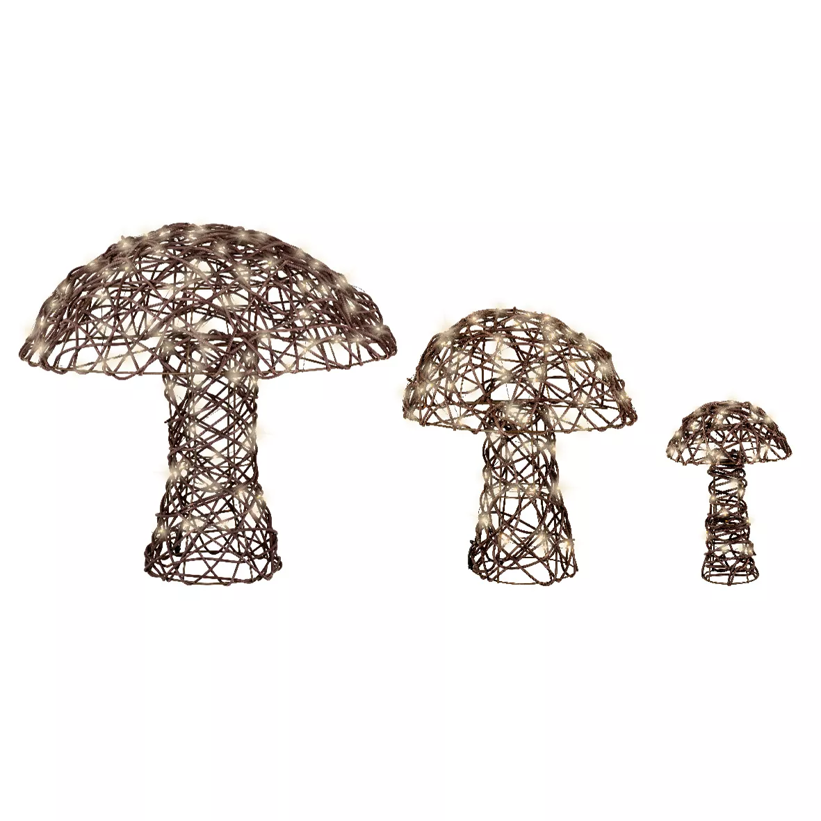Lot de 3 champignons lumineux 260 Micro LED (H45 cm) Résine tressée Brun/Blanc chaud