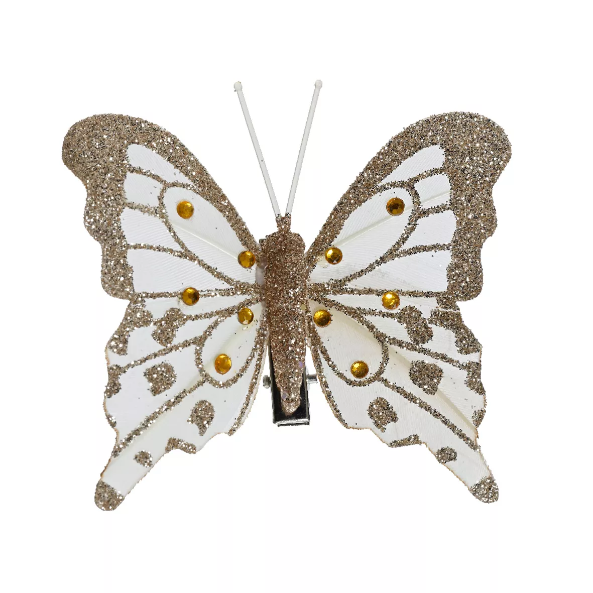 Set di 4 Farfalle su pinza (H8 cm) Scintillii e perle dorate