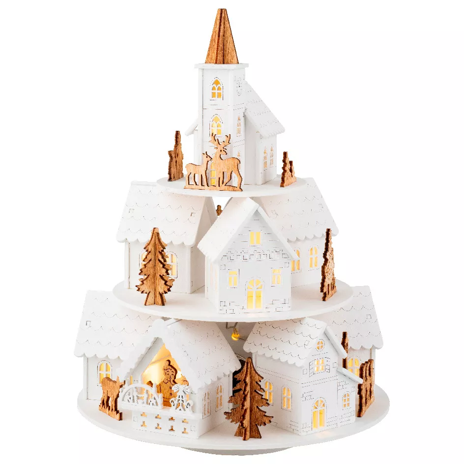 Villaggio di Natale in legno luminoso e musicale a pile (H28 cm) Case sulla collina