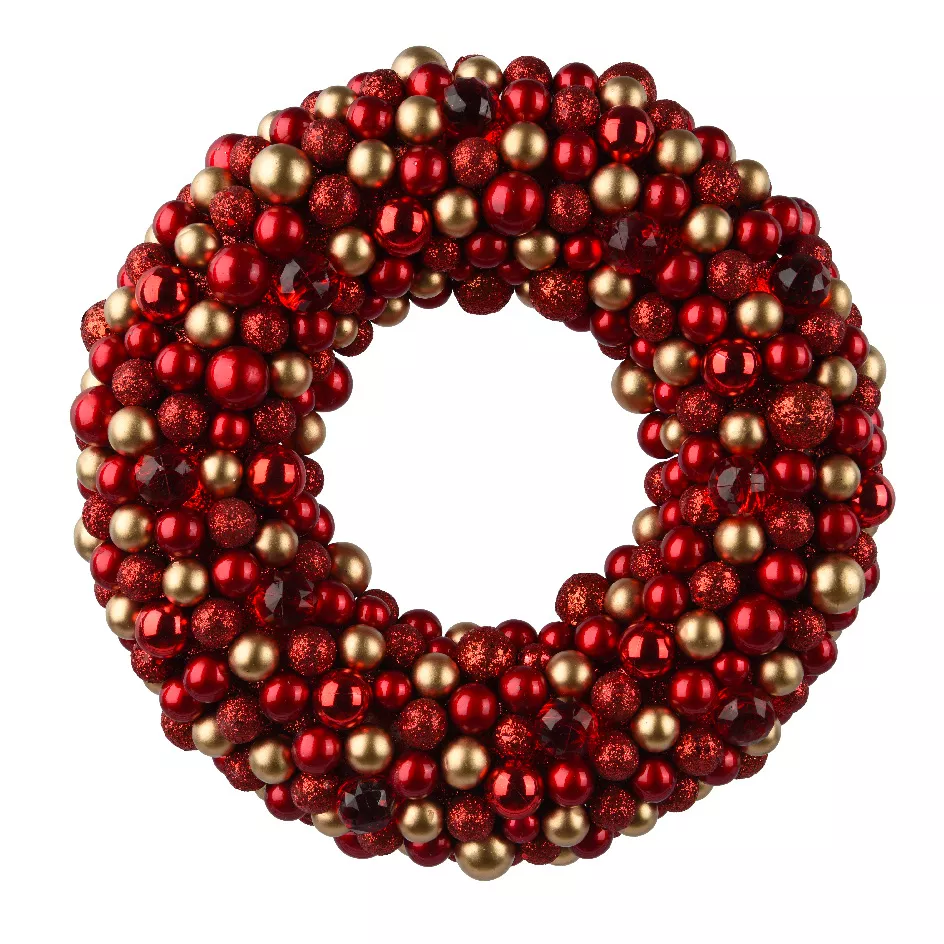 Weihnachtskranz (D33 cm) glänzende und Paillettenkugeln Rot - Kränze & Zweige