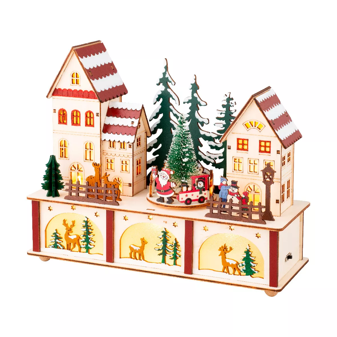 Villaggio di Natale in legno luminoso e musicale a pile (27 x H22 cm) Cuore del villaggio Colorato