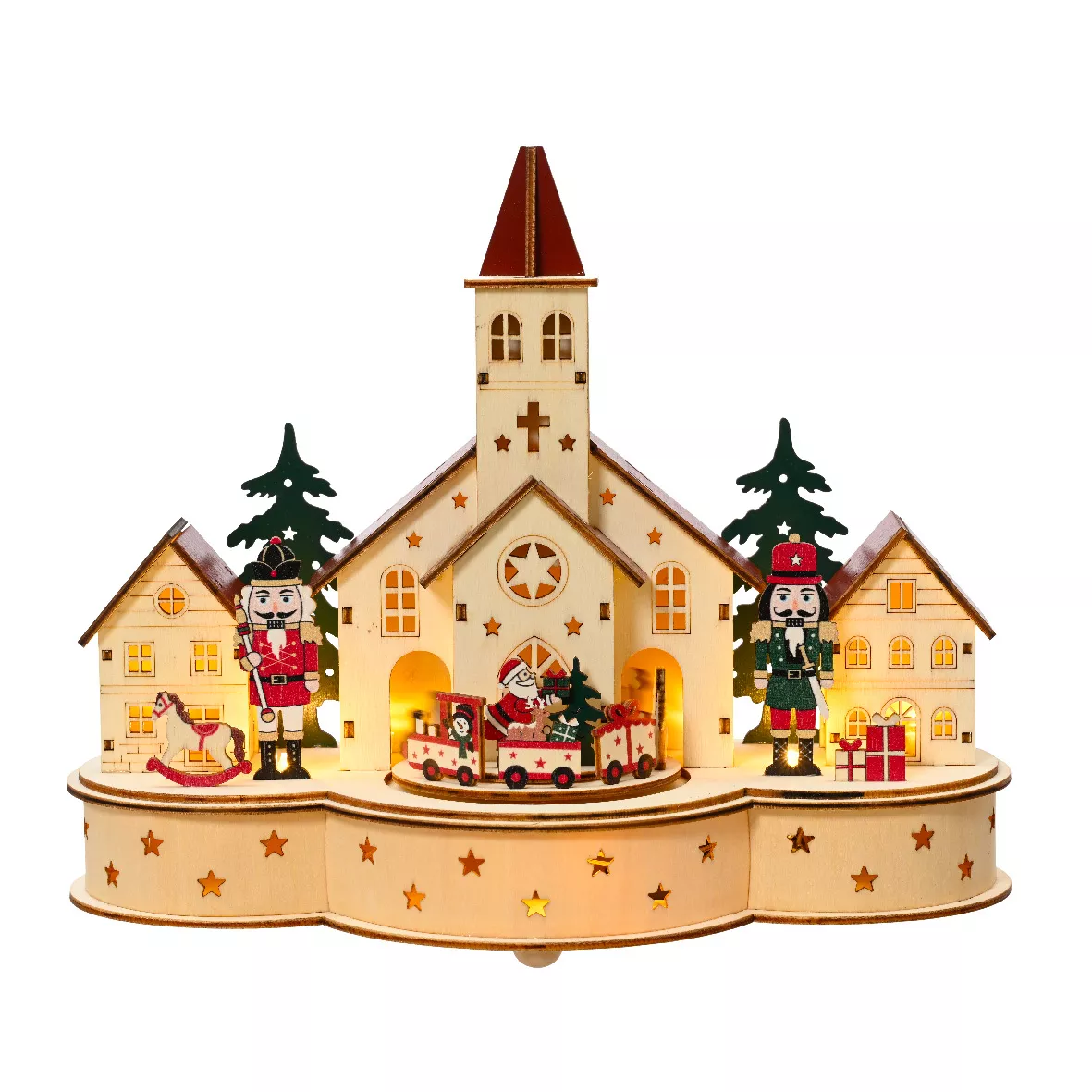 Village de Noël en bois lumineux et musical à piles (30 x H24 cm) Église et casse-noisette