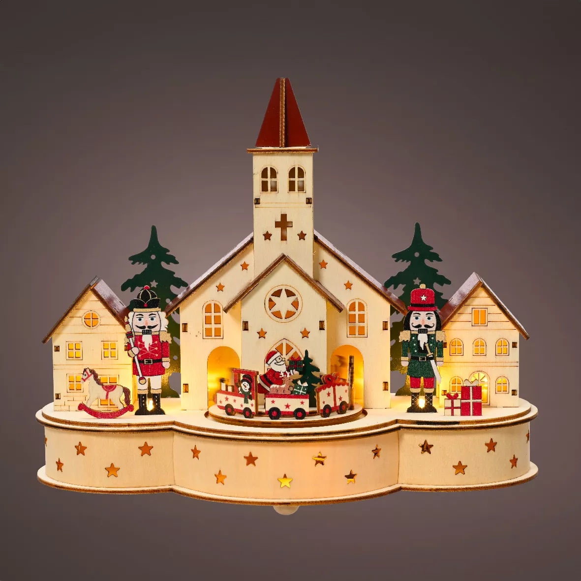 Villaggio di Natale in legno luminoso e musicale a pile (30 x H24 cm) Chiesa e schiaccianoci