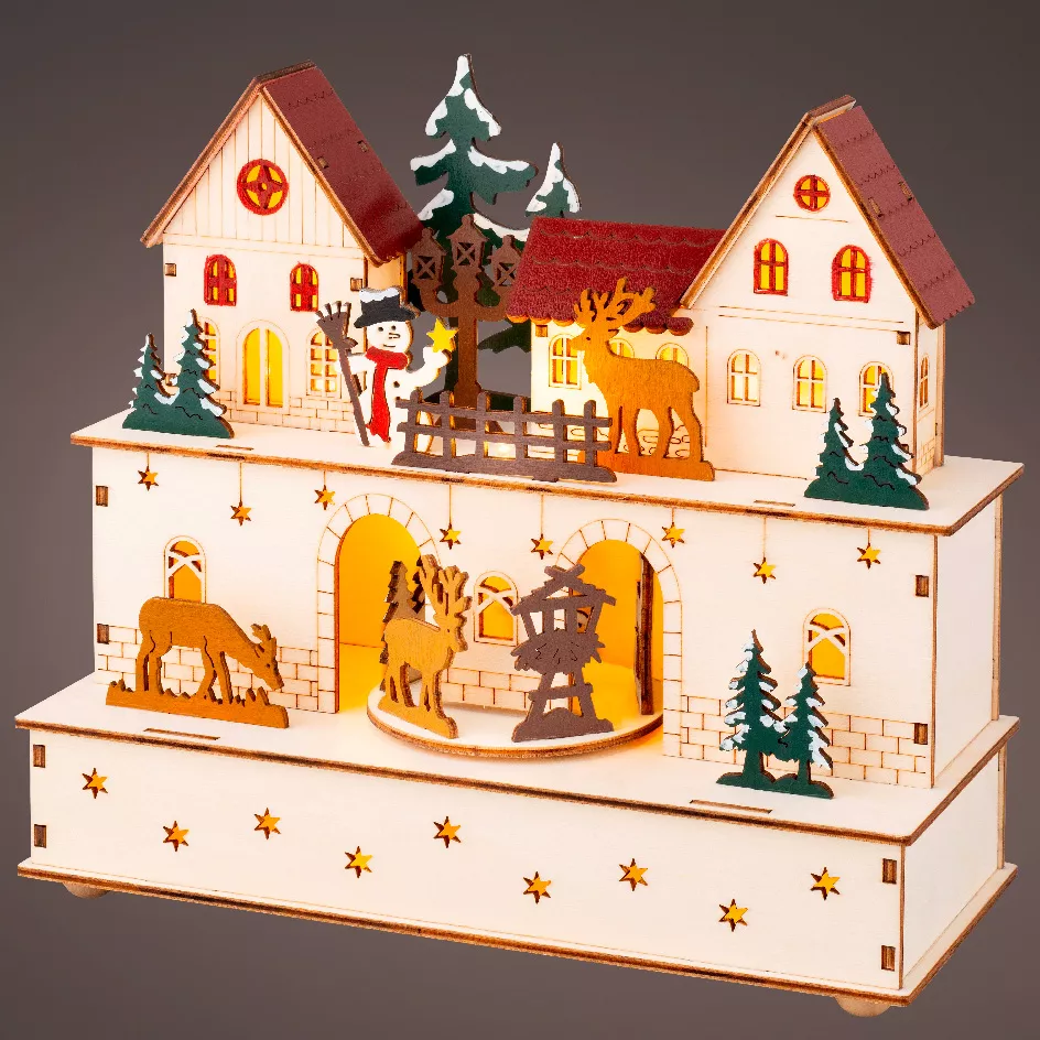 Villaggio di Natale in legno luminoso e musicale a pile (24 x H21 cm) Villaggio e animali