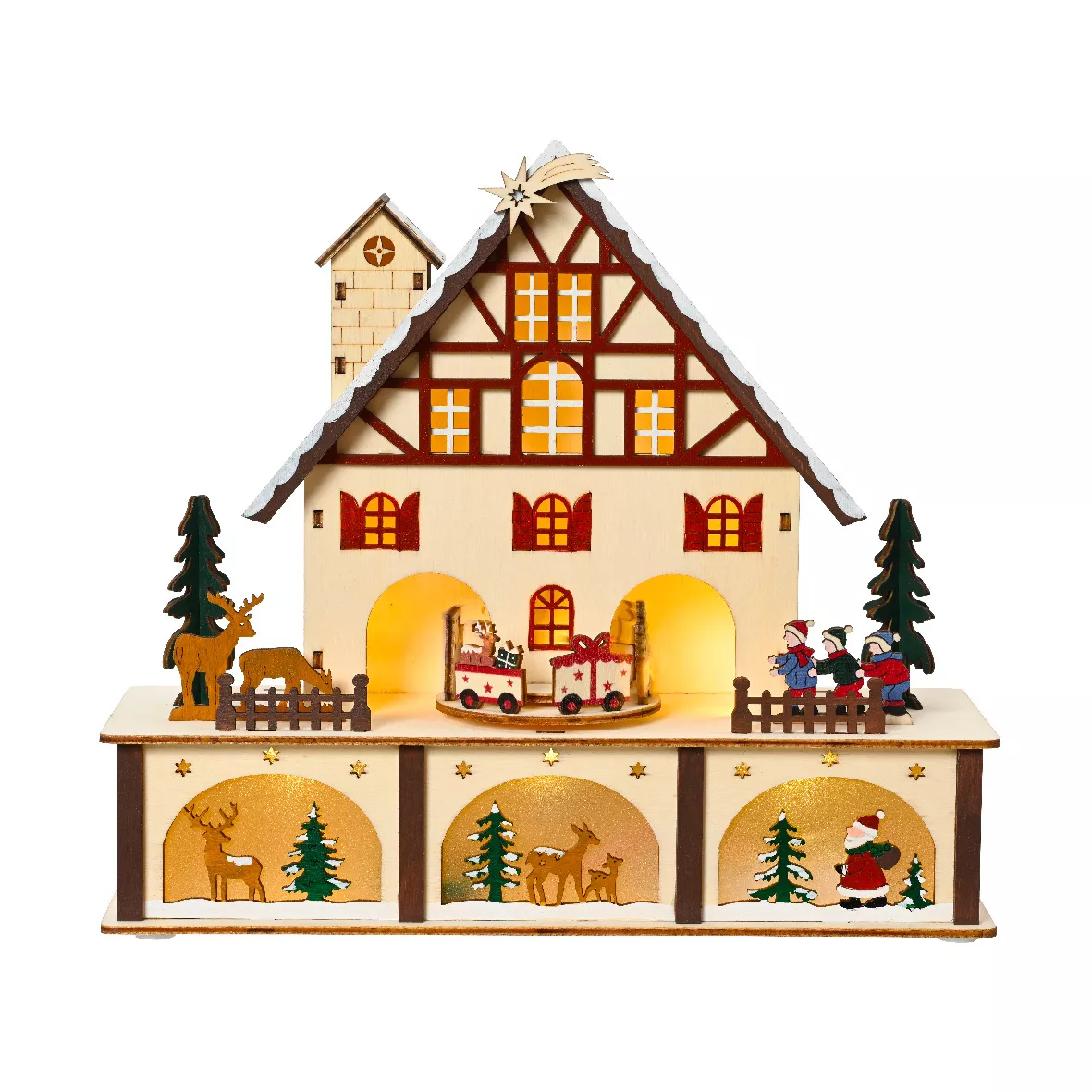 Villaggio di Natale in legno luminoso e musicale a pile (27 x H24 cm) Chalet Svizzero Colorato