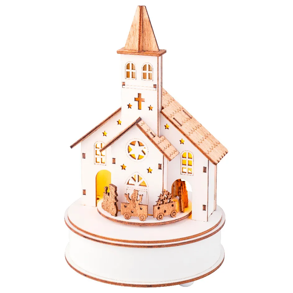 Villaggio di Natale in legno luminoso e musicale a pile (H24 cm) Chiesa e treno
