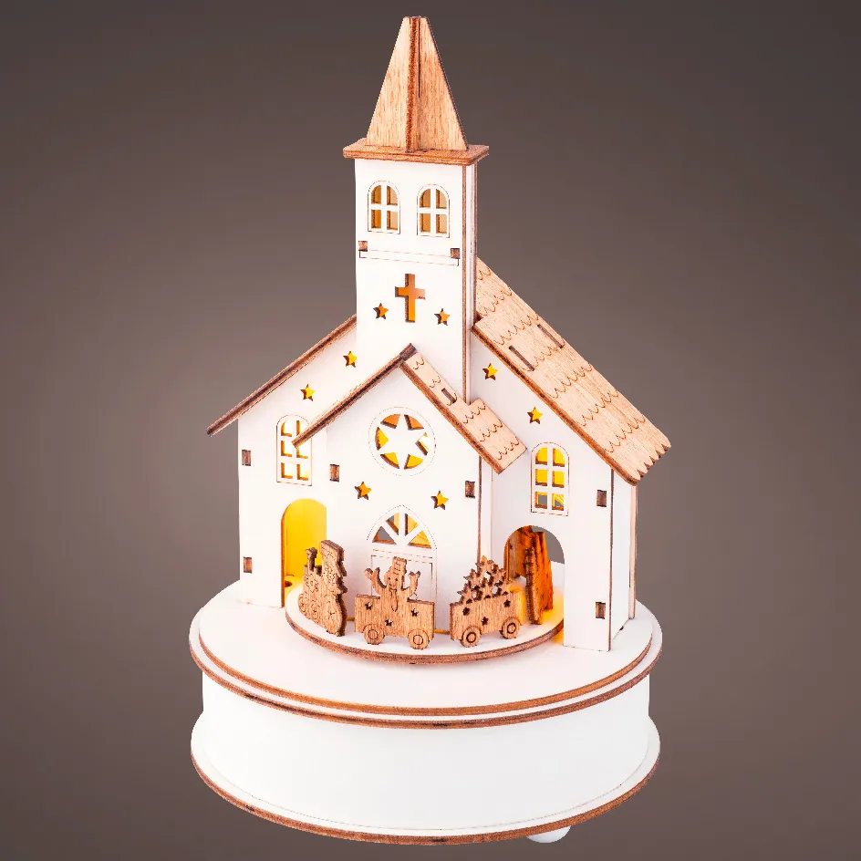 Villaggio di Natale in legno luminoso e musicale a pile (H24 cm) Chiesa e treno