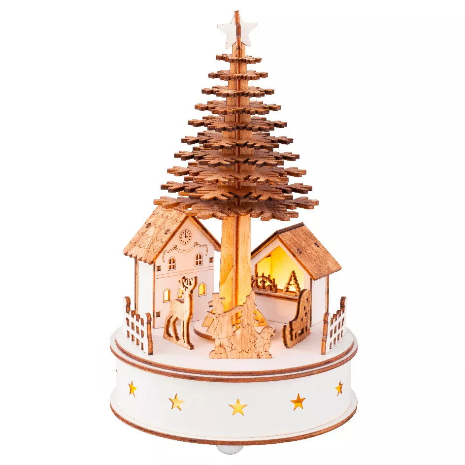 Pueblo de Navidad de madera luminoso y musical a pilas (H25 cm) Árbol de Navidad