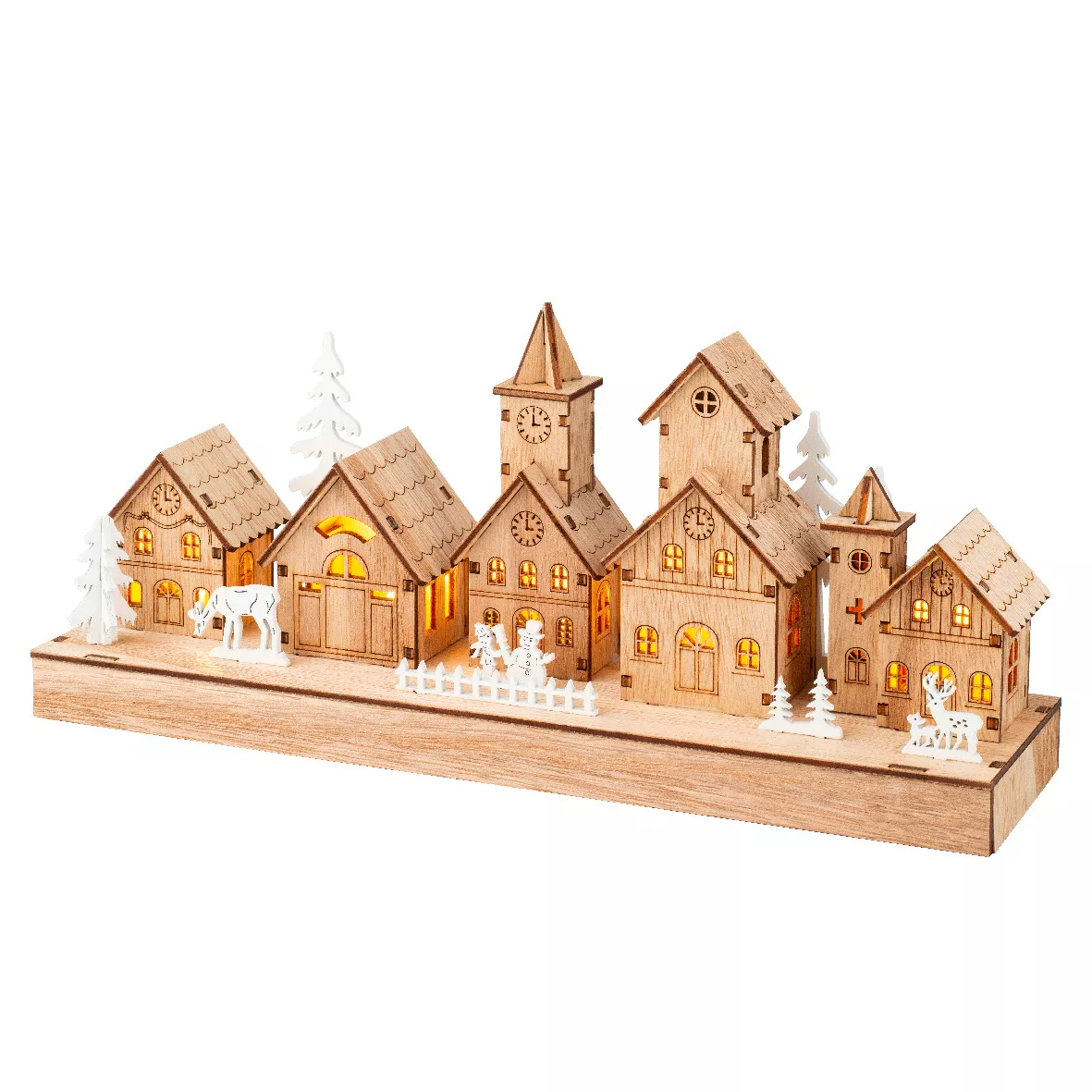 Scène de vie lumineuse à piles en bois (30 x H13 cm) Hameau féerique