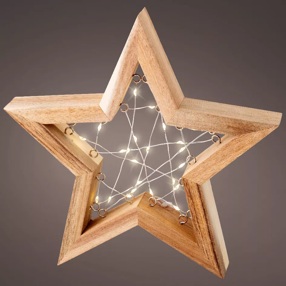 Beleuchteter Stern Batteriebetrieben 23 LED (H24 cm) Astre aus Holz Warmweiß - Weihnachtsdeko