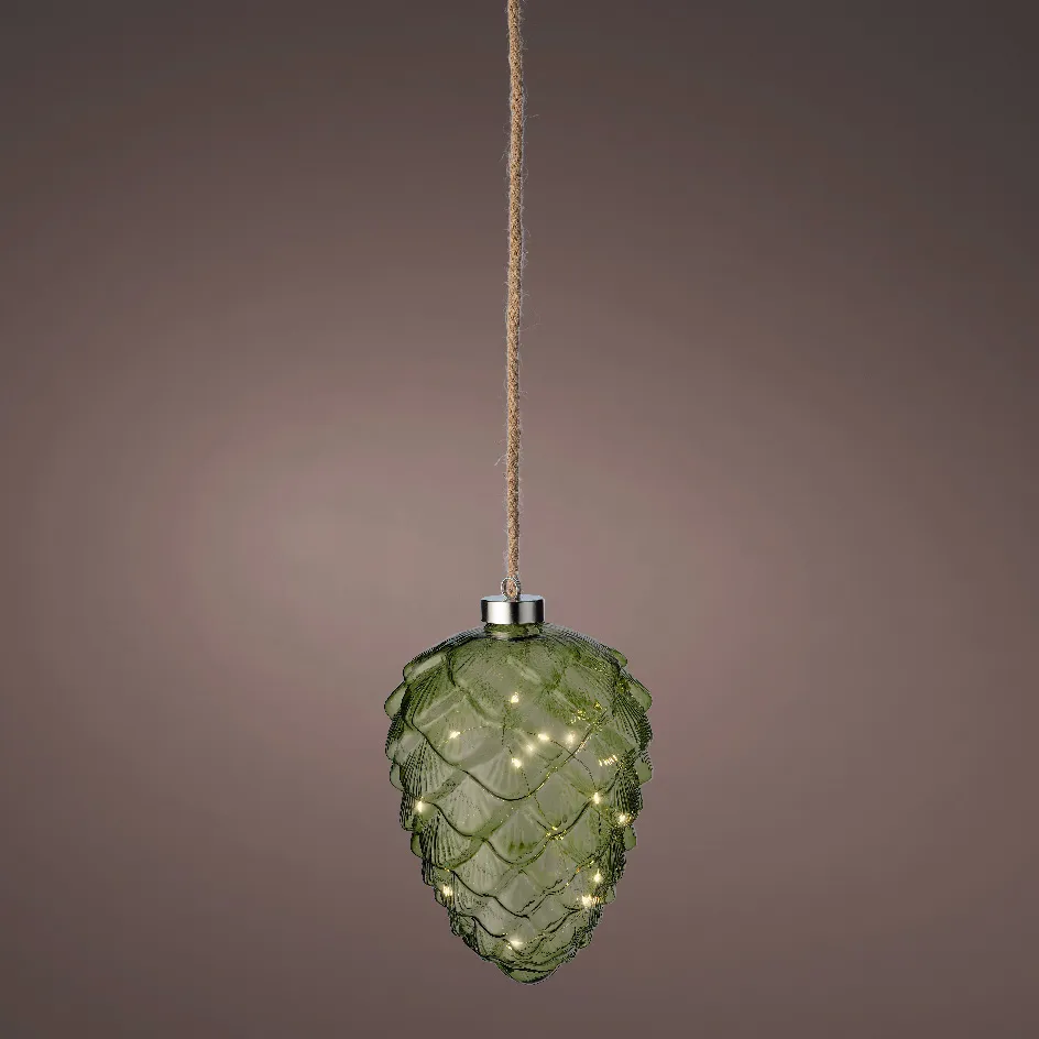 Pigna luminosa in vetro a pile 15 LED (H21 cm) Vintage Tè verde/bianco caldo