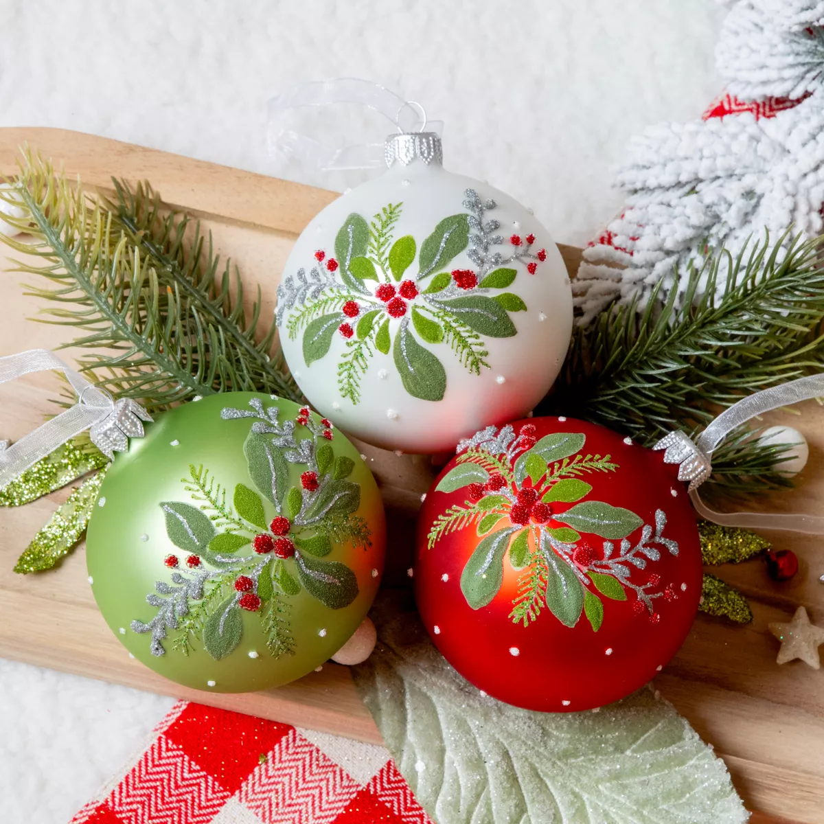6er Set Weihnachtskugeln aus Glas (D80 mm) Feuilles de Houx Grün
