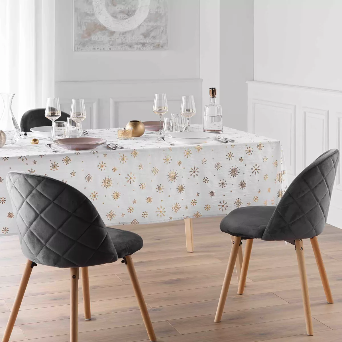 Tovaglia natalizia rettangolare anti macchia (140 x 240 cm) Astrelia Bianco e oro