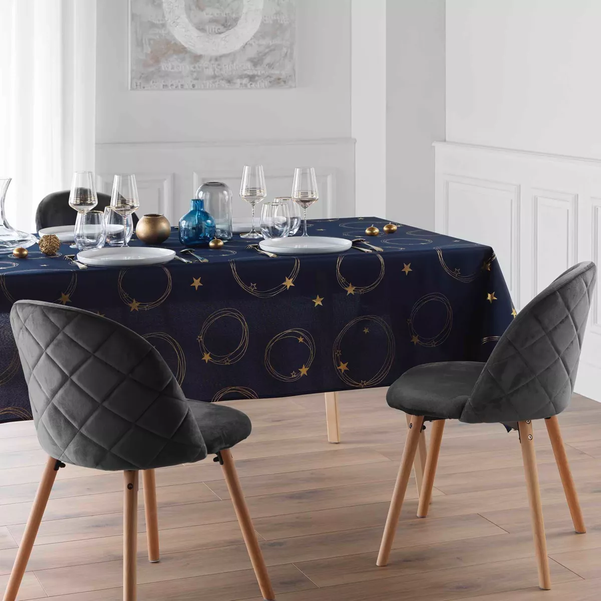Rechteckige Tischdecke fleckenabweisend (150 x 300 cm) Star Marineblau und Gold