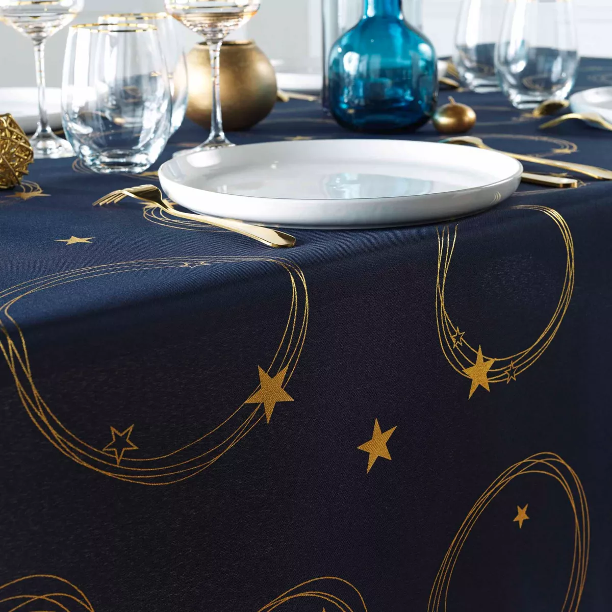 Tovaglia di Natale rettangolare anti macchia (150 x 300 cm) Star Blu navy e dorato