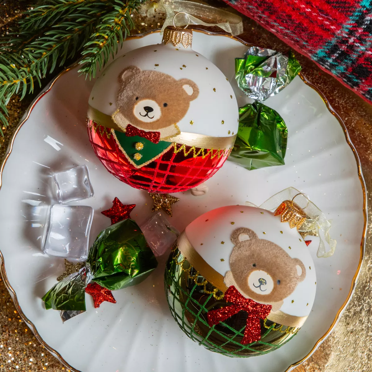 Lot de 6 boules de Noël en verre (D80 mm) Petit Ourson Vert et rouge