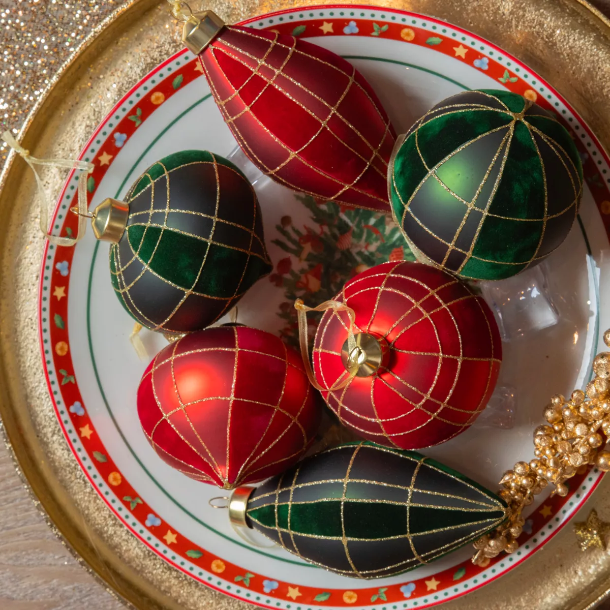 Set di 12 ornamenti di Natale in vetro (D80 mm) Velluto Rosso e verde