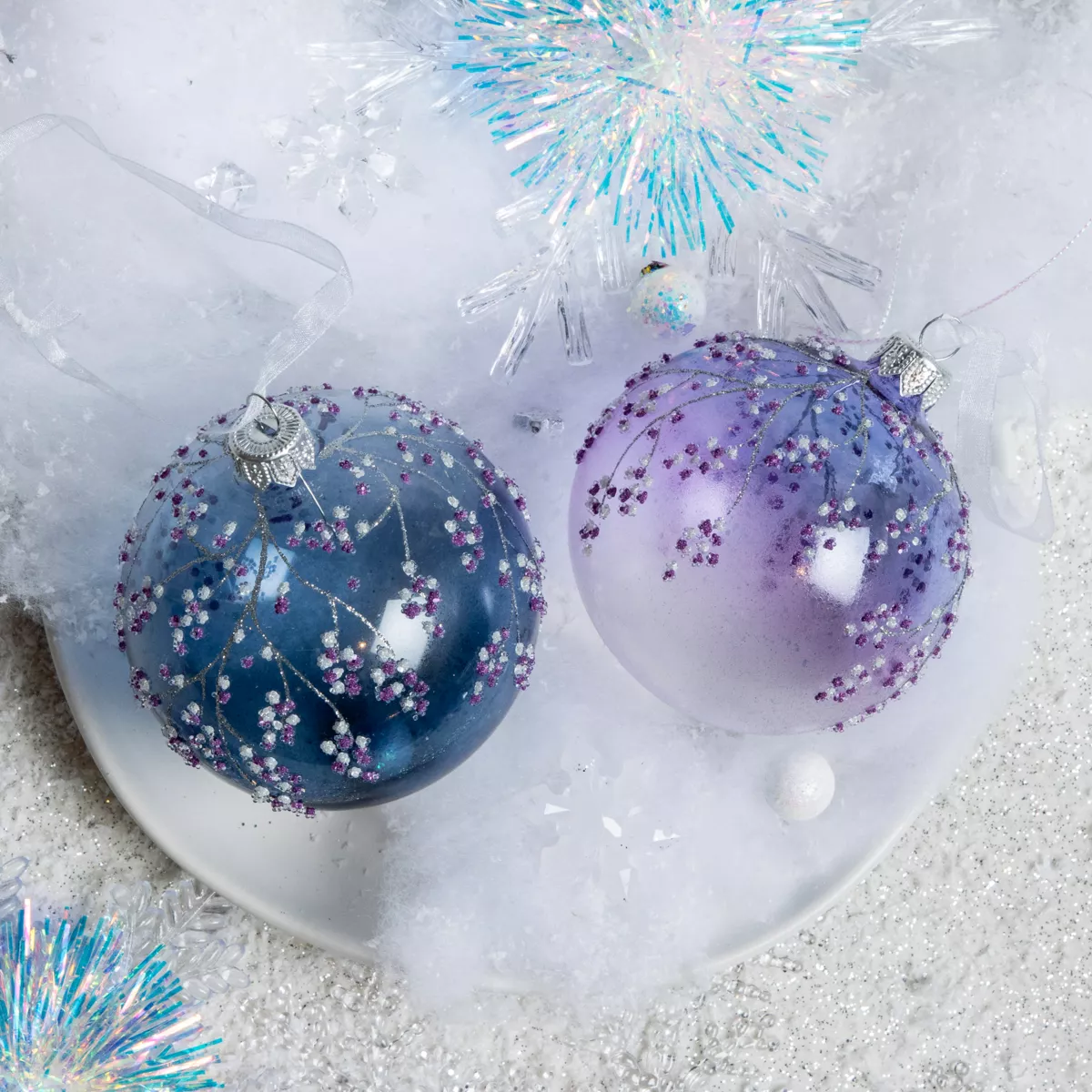 Lot de 6 boules de Noël en verre (D80 mm) Magie glacée Bleu et lilas