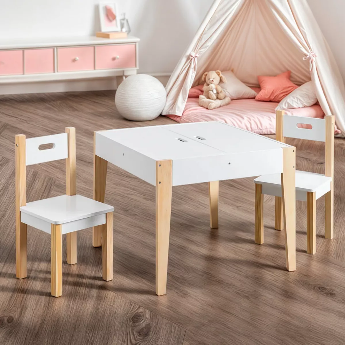 Tavolo e 2 sedie per bambini in legno con lavagna (H49,5 cm) Charlie Bianco