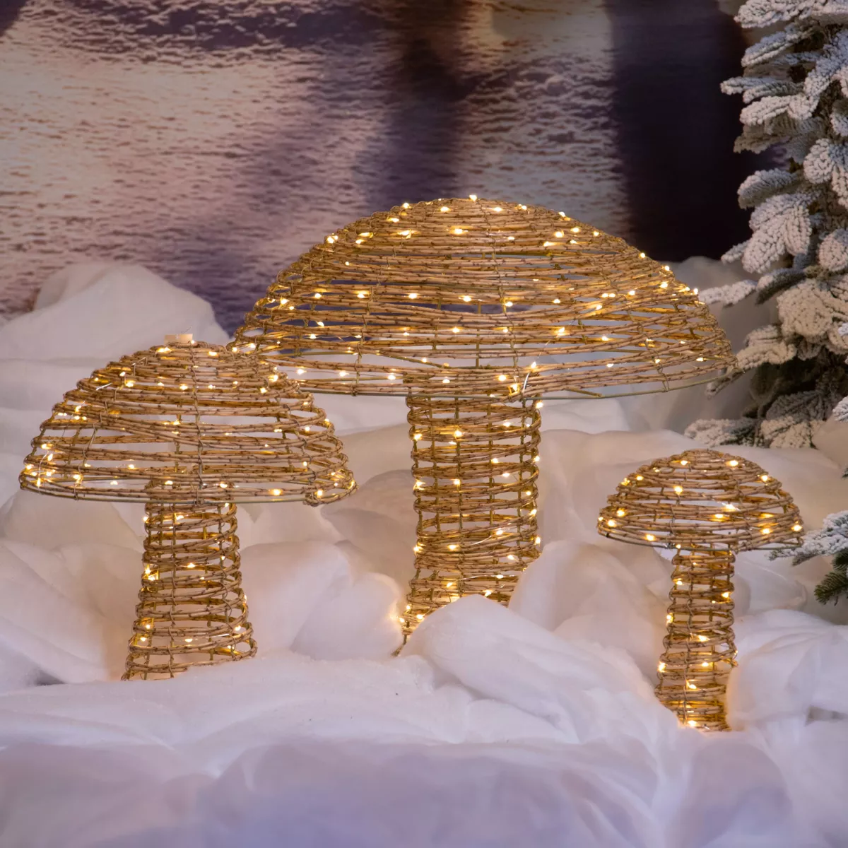 Set van 3 lichtgevende paddenstoelen 270 Micro LED (H45 cm) Gevlochten hars Natuurlijk/Warm wit