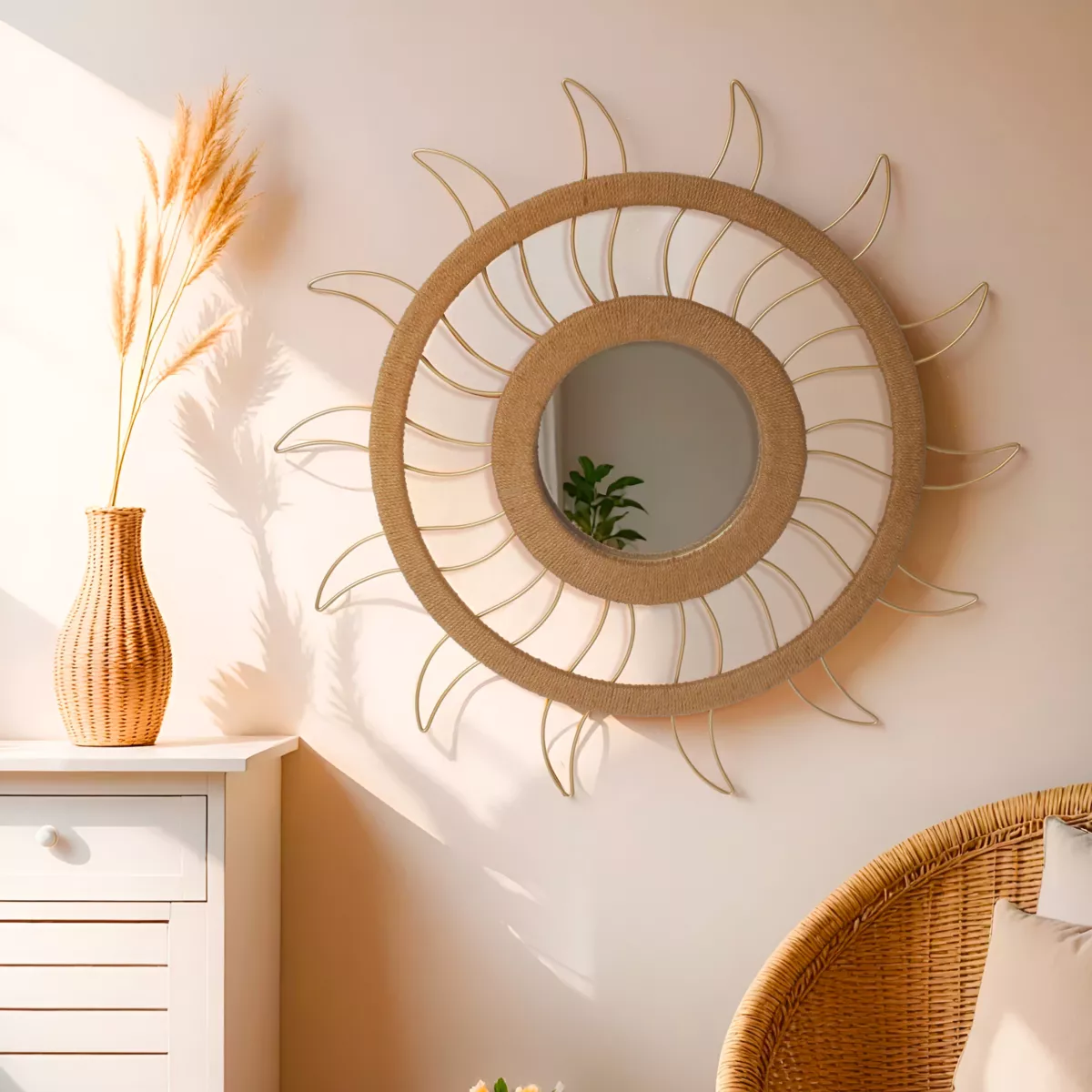 Specchio e decorazione da parete in canapa (D75 cm) Sun Beige