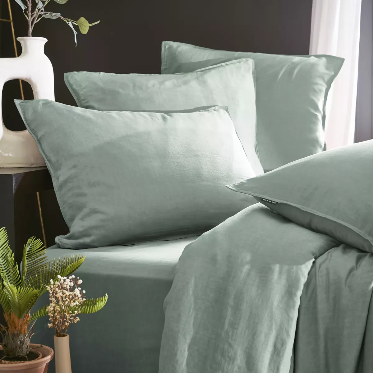 Bettbezug aus gewaschenem TENCEL™ Lyocell (200 x 200 cm) Olivia Eukalyptusgrün