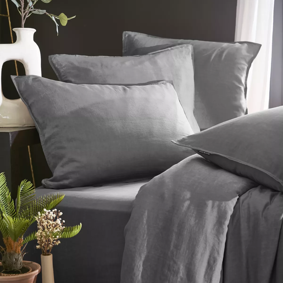 Taie de traversin lyocell Tencel™ lavé (27 x 185 cm) Olivia Gris granit