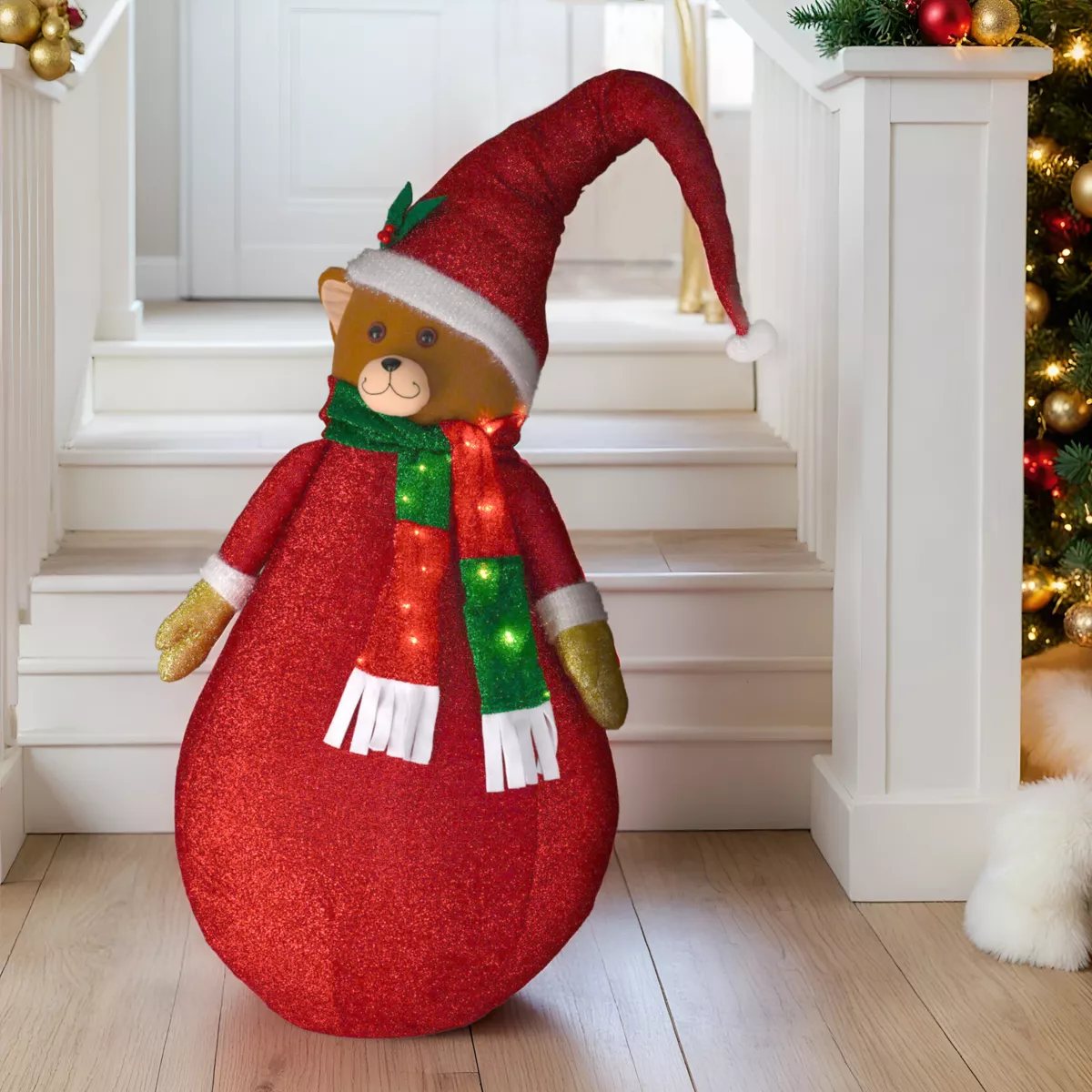 Ours lumineux à piles (H120 cm) Pliable Rouge pailleté