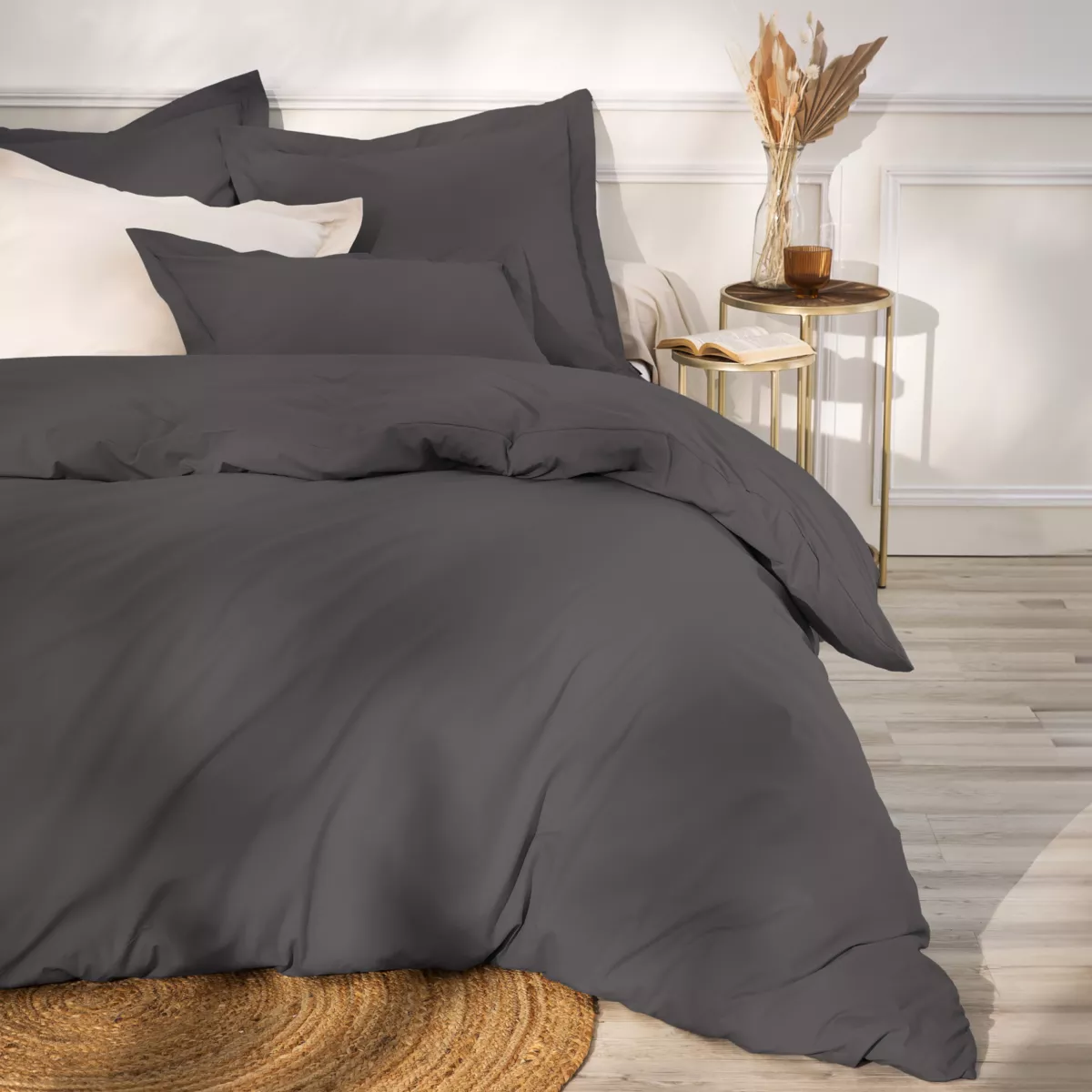 Taie de traversin percale de coton (L185 cm) Cali Gris anthracite