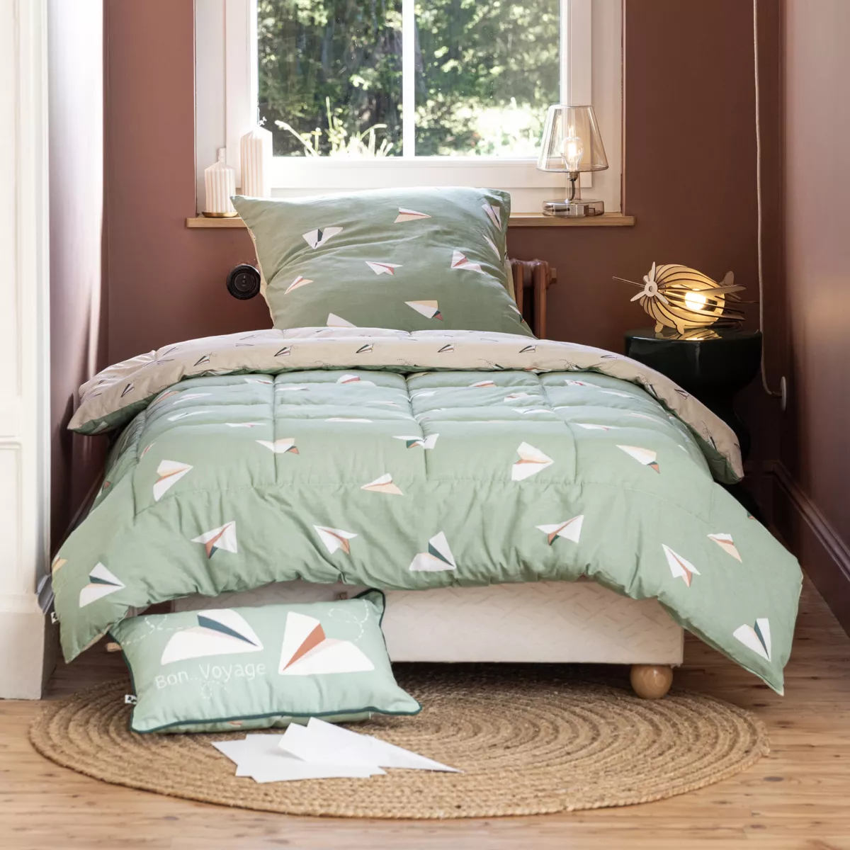 Edredón nórdico y funda de almohada infantil con estampados Petits papiers Verde