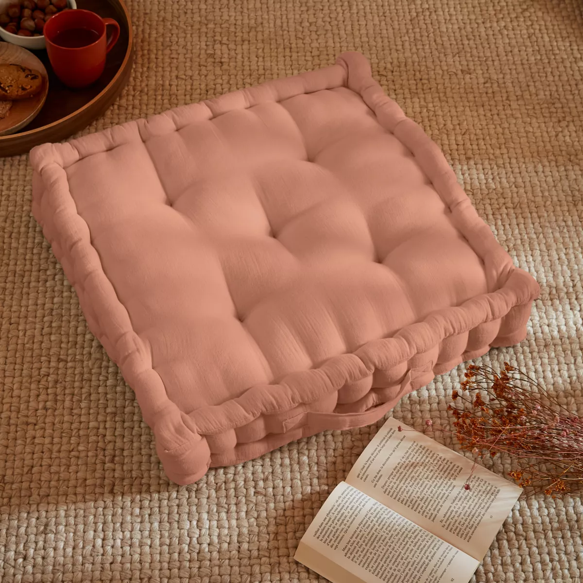 Coussin de sol gaze de coton (50 x 50 cm) Gaïa Rose pêche