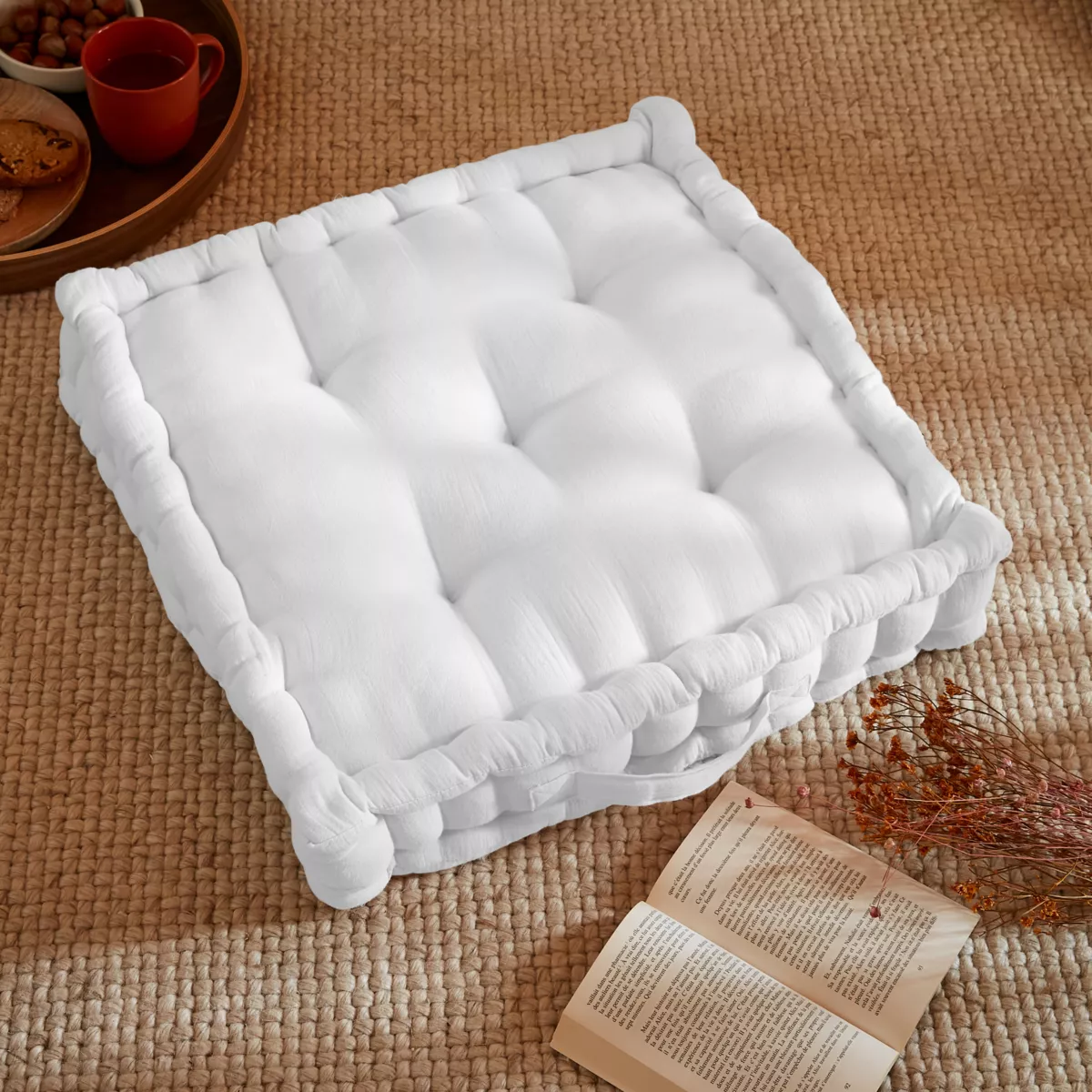 Cuscino da pavimento in garza di cotone (50 x 50 cm) Gaia Bianco chantilly