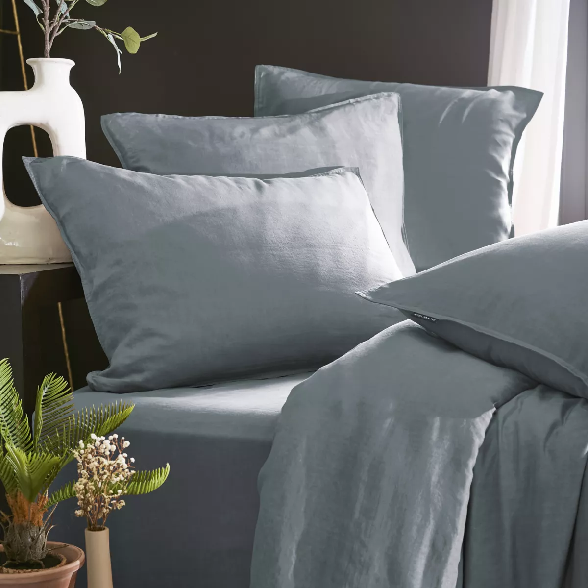 Drap housse lyocell Tencel™ lavé (90 x 200 cm) Olivia Bleu stone