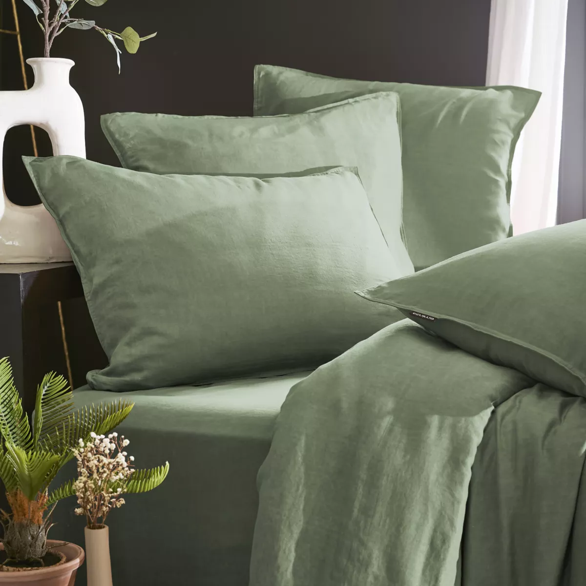 Taie de traversin lyocell Tencel™ lavé (27 x 185 cm) Olivia Vert romarin