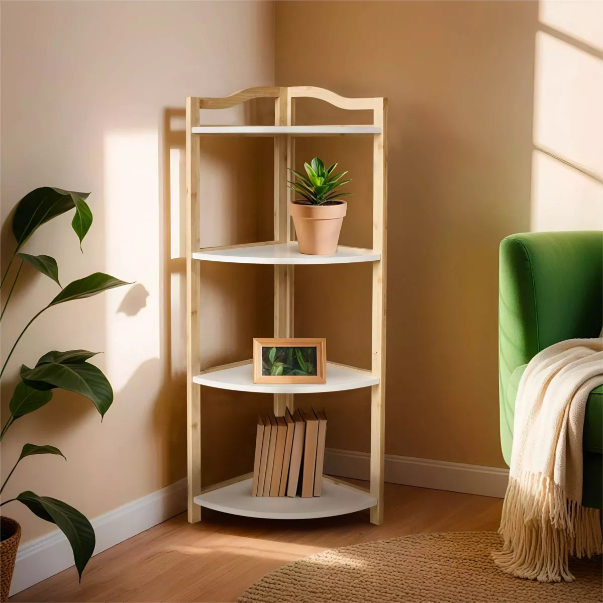 Scaffale ad angolo legno e bambù 4 ripiani (Alt 95 cm) Eva Bianco