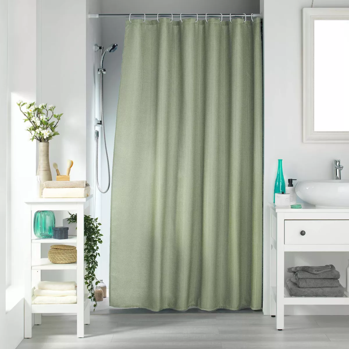 Cortina de ducha con efecto tejido con anillas (180 x 200 cm) Cuarzo Verde Pino