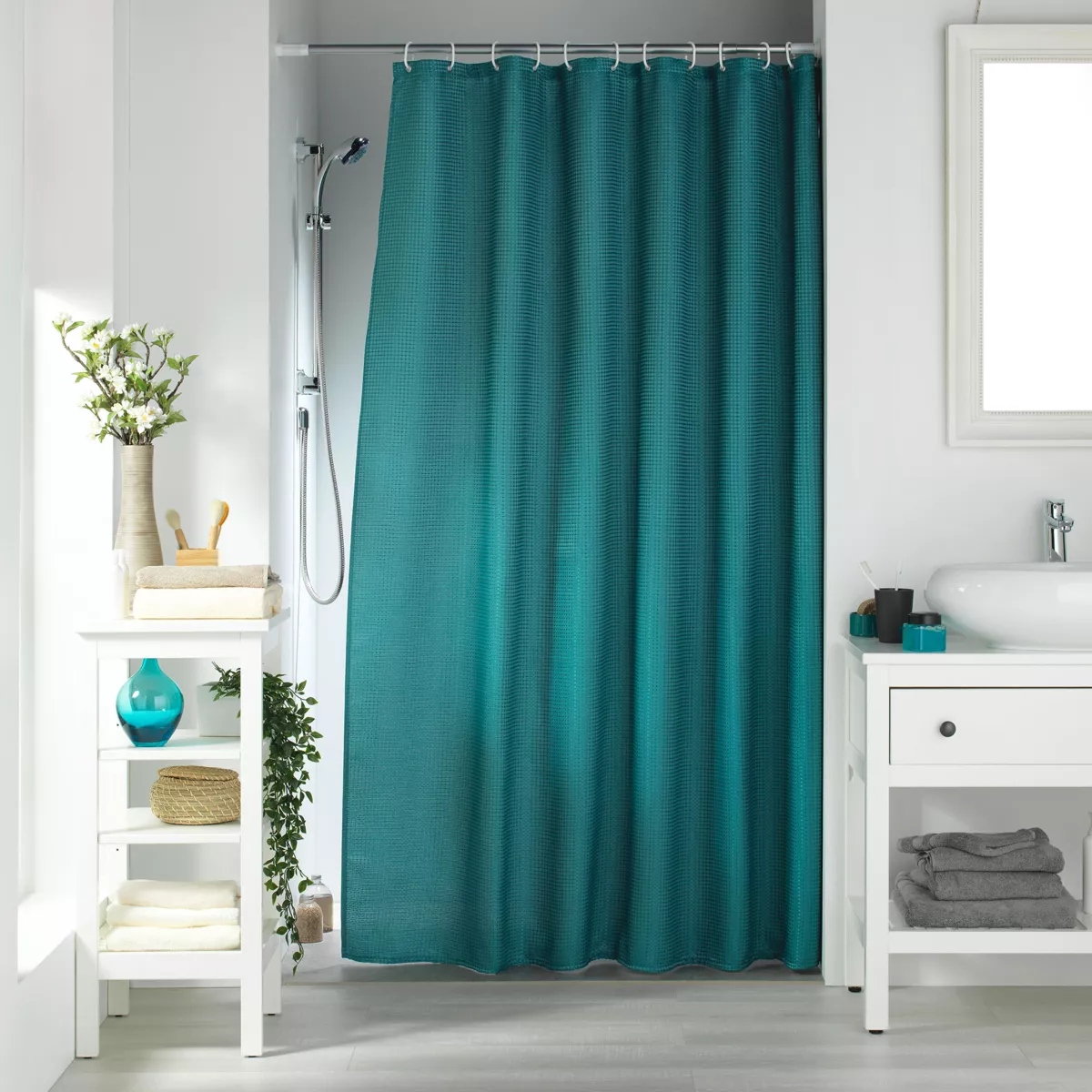 Rideau de Douche avec Crochets (180 x 200 cm) Quartz Bleu/Emeraude, Jacquard