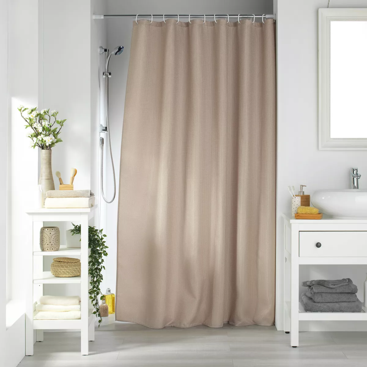 Rideau de Douche avec Crochets (180 x 200 cm) Quartz Taupe, Jacquard