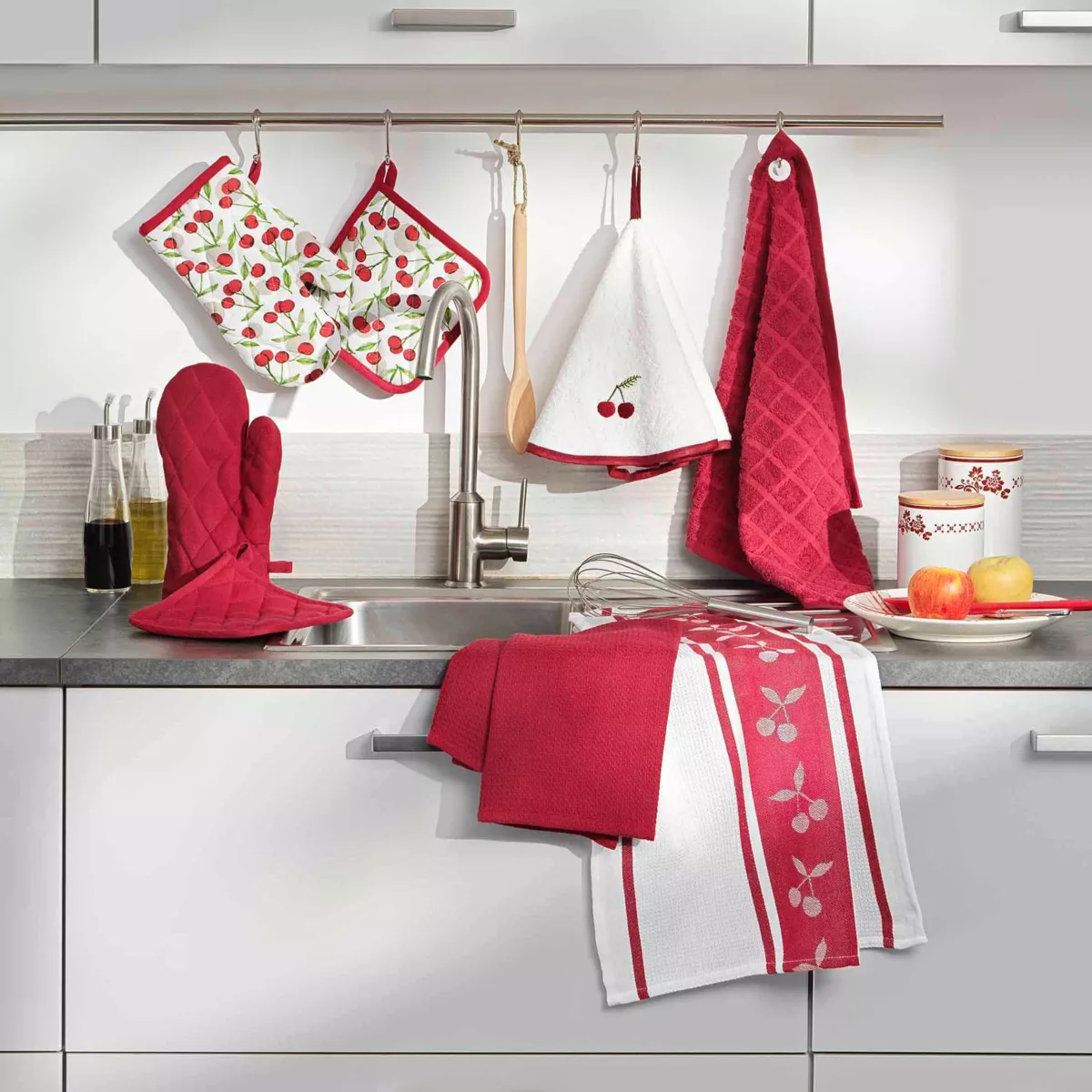 Gant et Manique (18 x 28 cm/20 x 20 cm) Cerisette Rubis, Coton / Polyester Uni