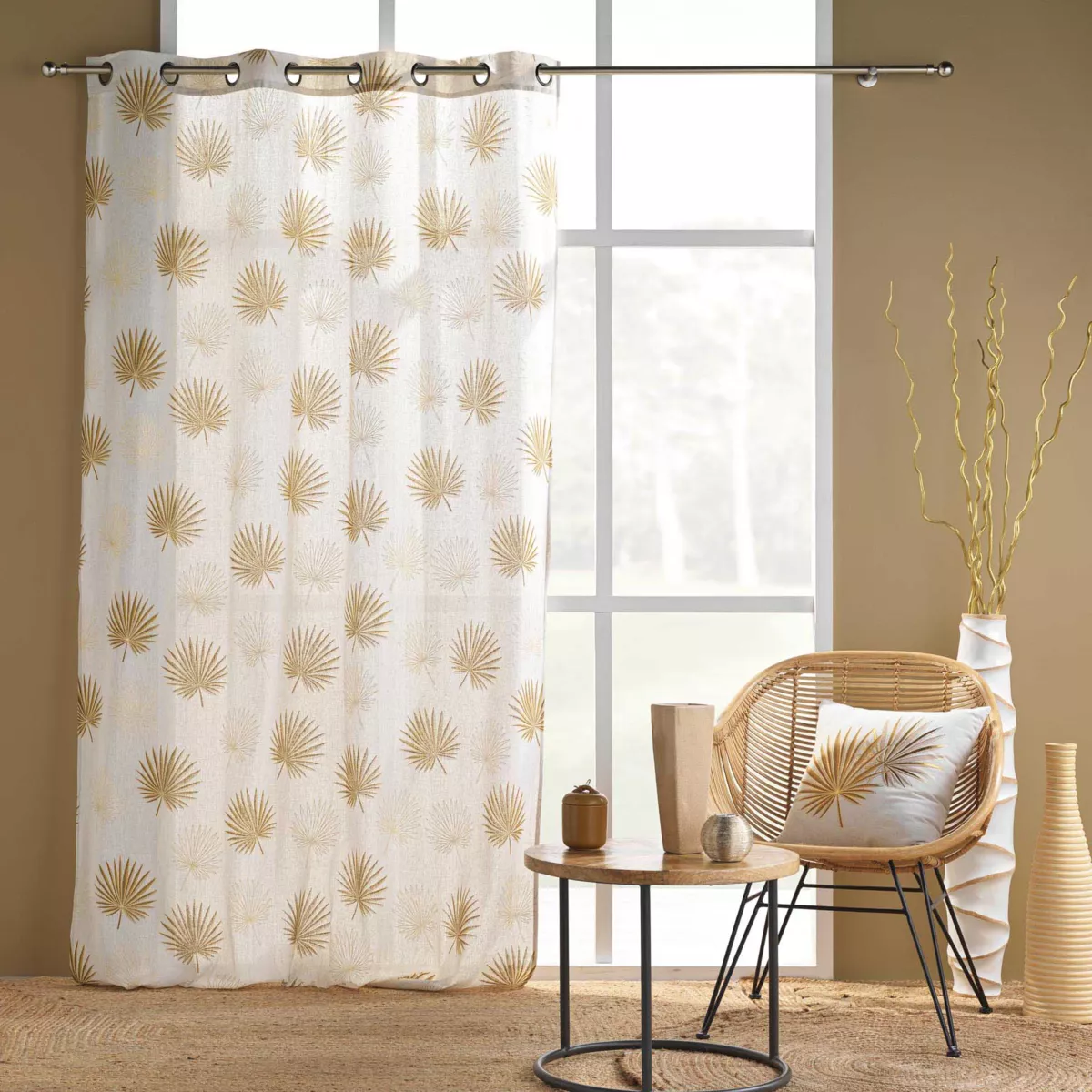 Coussin DŽhoussable (45 x 45 cm) Lotus Ocre, Polycoton ImprimŽ MŽtallisŽ