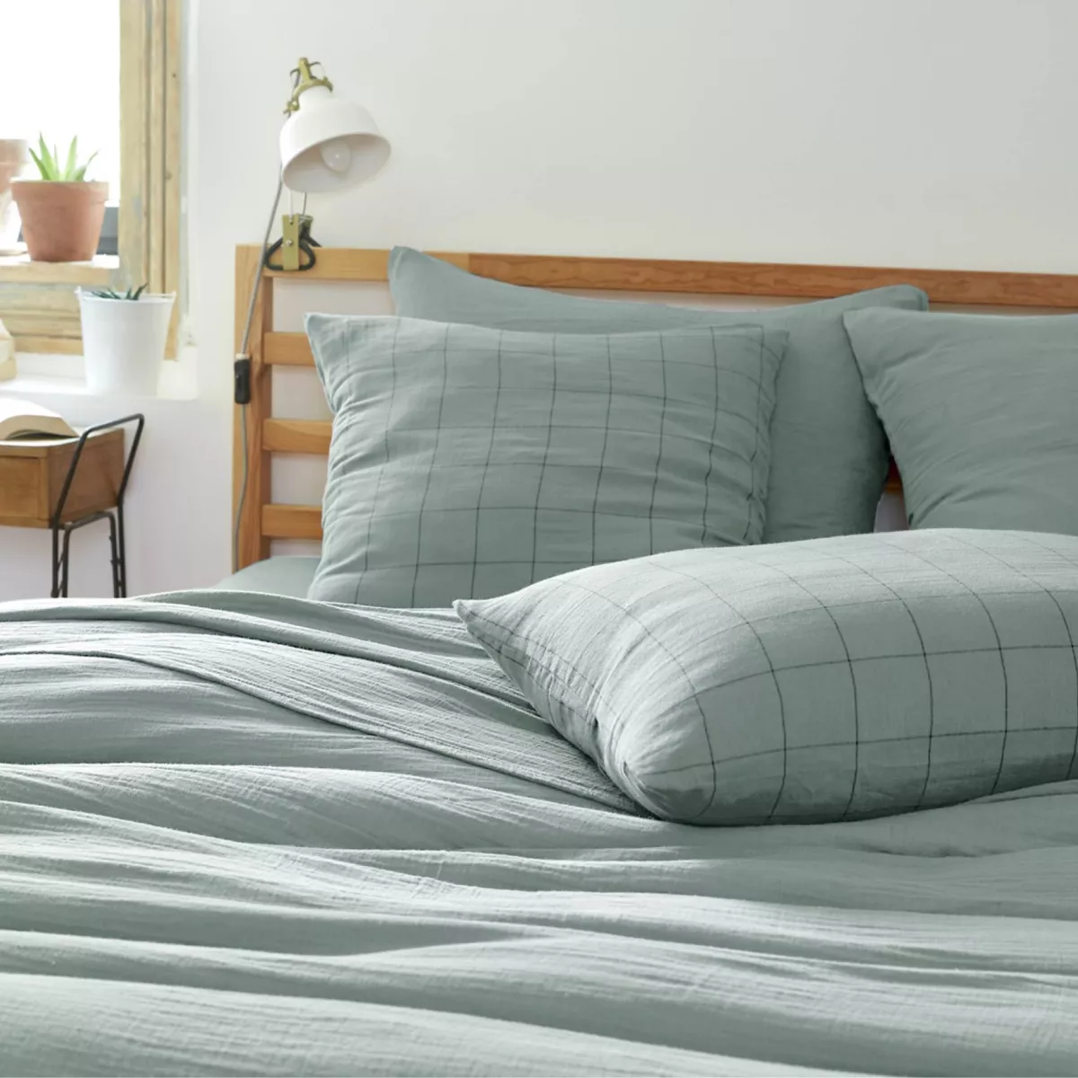 EM - Housse de couette rŽversible 260 x 240 cm Gaze de coton tissŽe teinte GAìA MATCH Eucalyptus