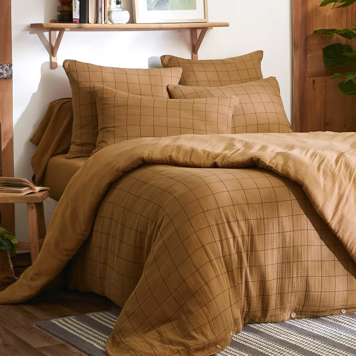 EM - Housse de couette rŽversible 200 x 200 cm Gaze de coton tissŽe teinte GAìA MATCH Camel