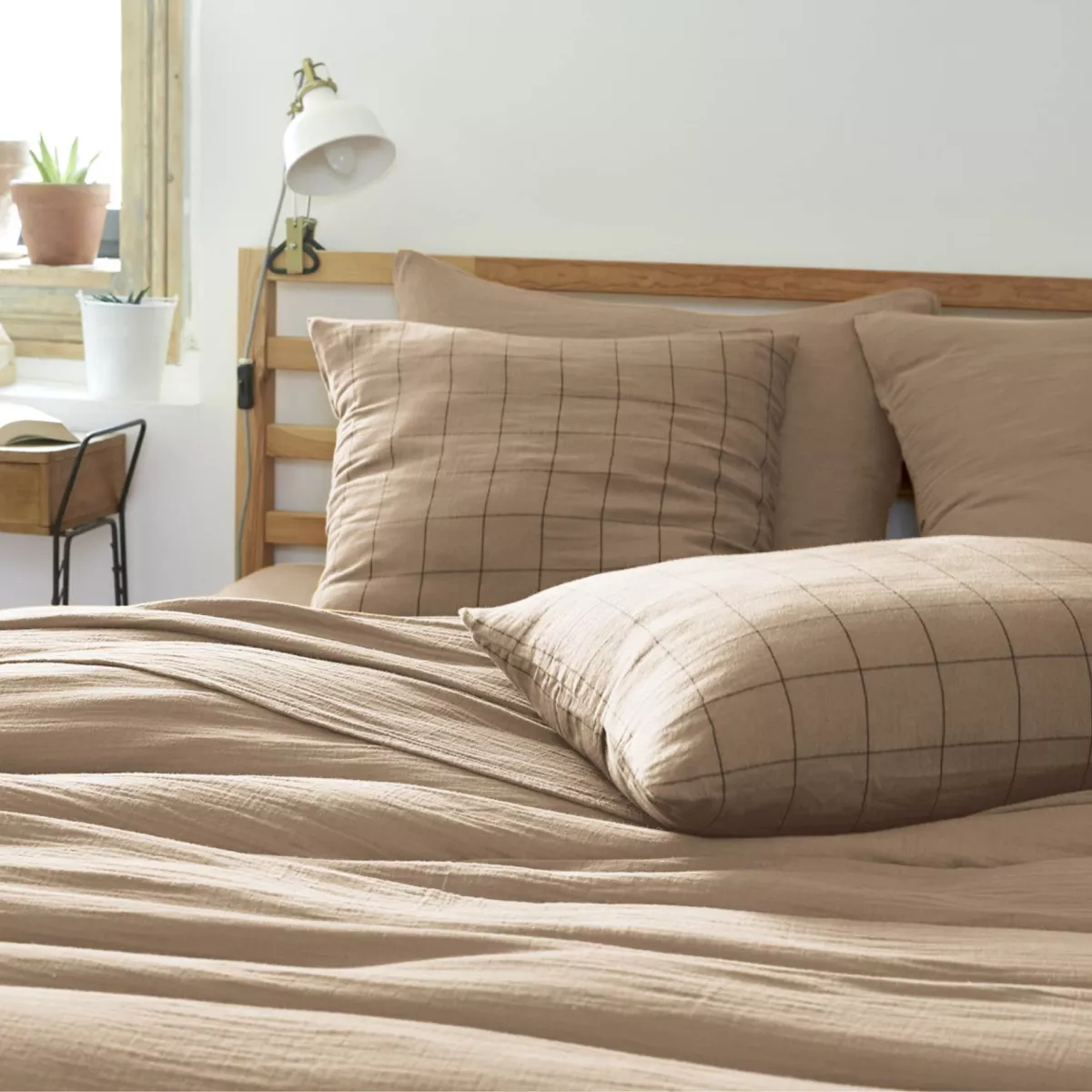 Taie d'oreiller rectangulaire gaze de coton (50 x 70 cm) Gaïa Match Marron Ficelle