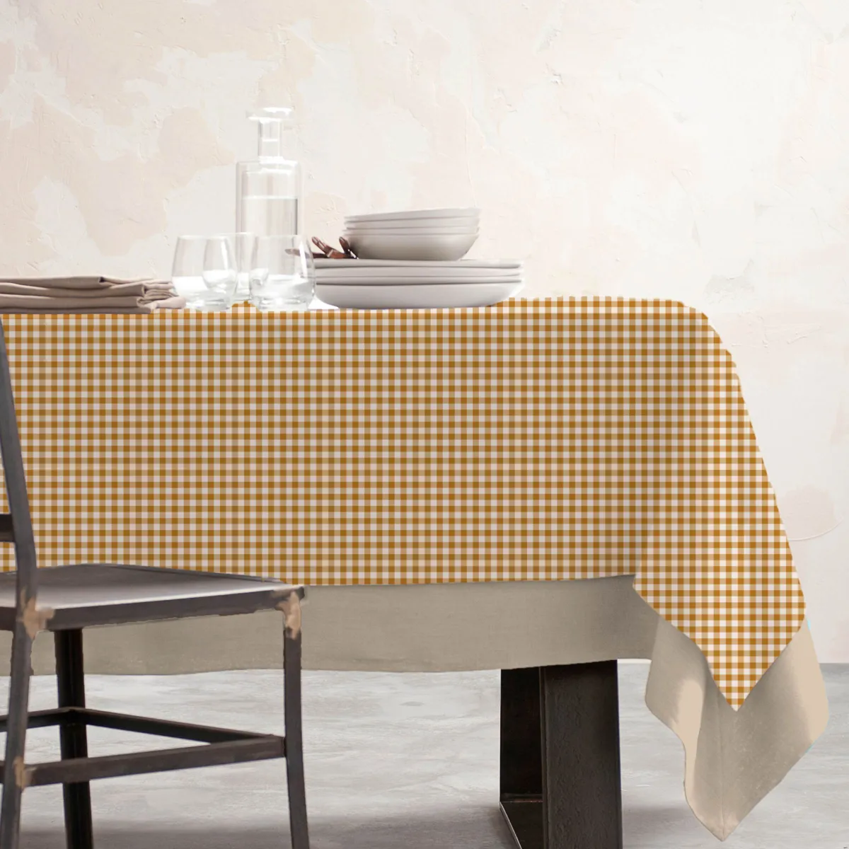 Tischdecke rechteckig Baumwolle beschichtet (150 x 350 cm) Vichy Honiggelb