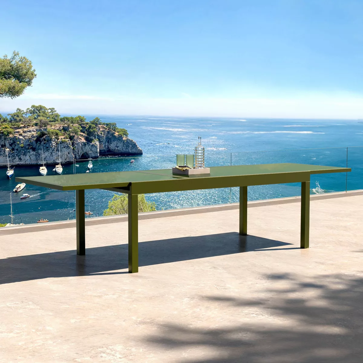 Table de jardin extensible en verre 12 places (200/320 x 100 cm) Murano Vert olive